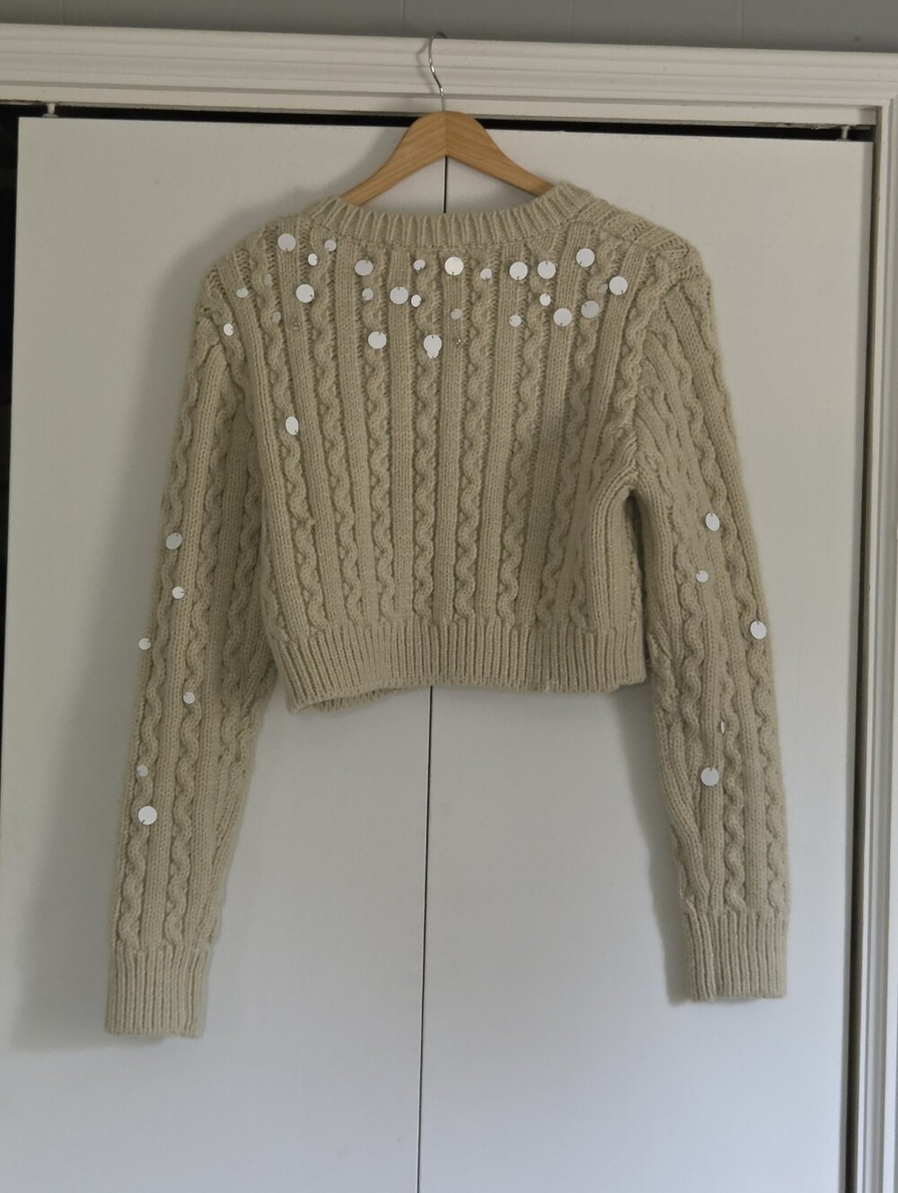 Zara Cream Sequin Cable-Knit Cropped Cardigan - Picture 3 of 5